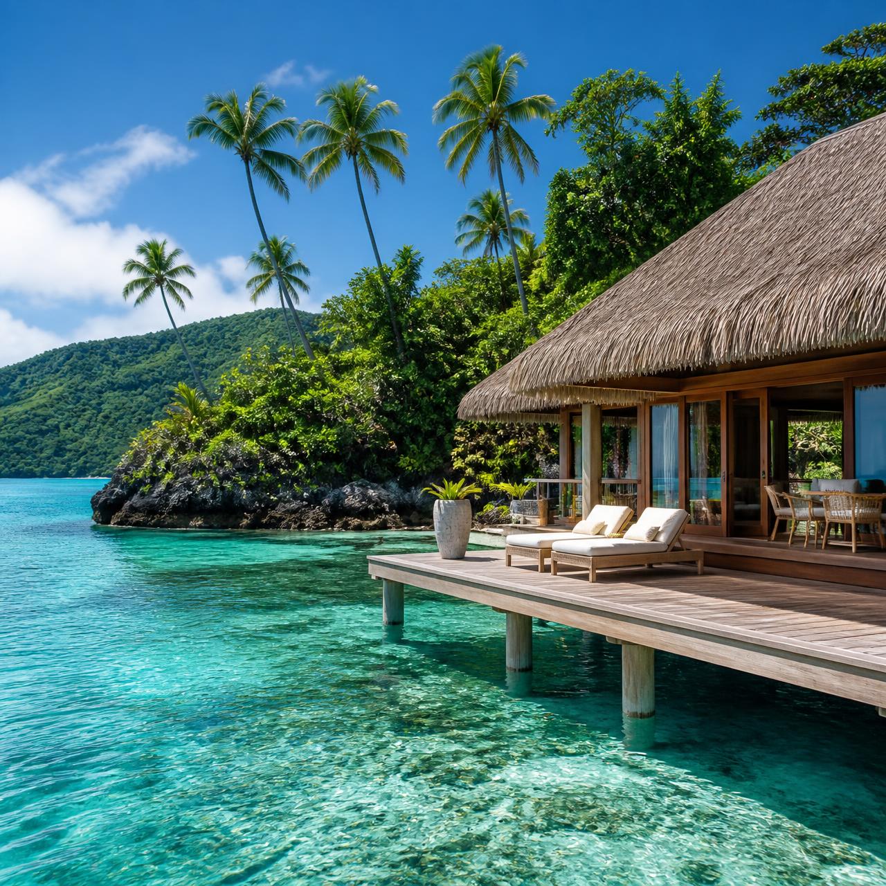 Luxury Vanuatu resort villa on a timber deck above clear turquoise water, framed by palm trees